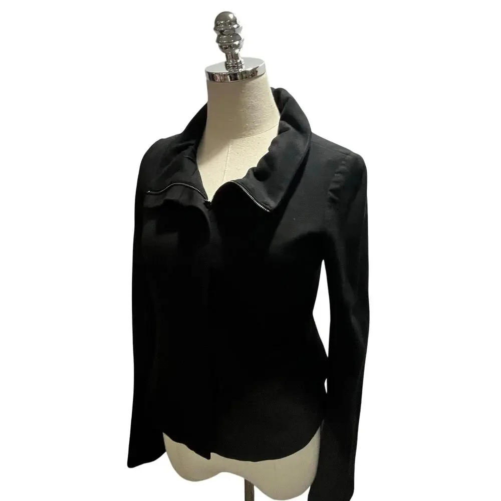 Theory Mariony‎ Black Ruffled Neck Zip Up Ponte Knit Zip Up Blazer Jacket Sz 4
